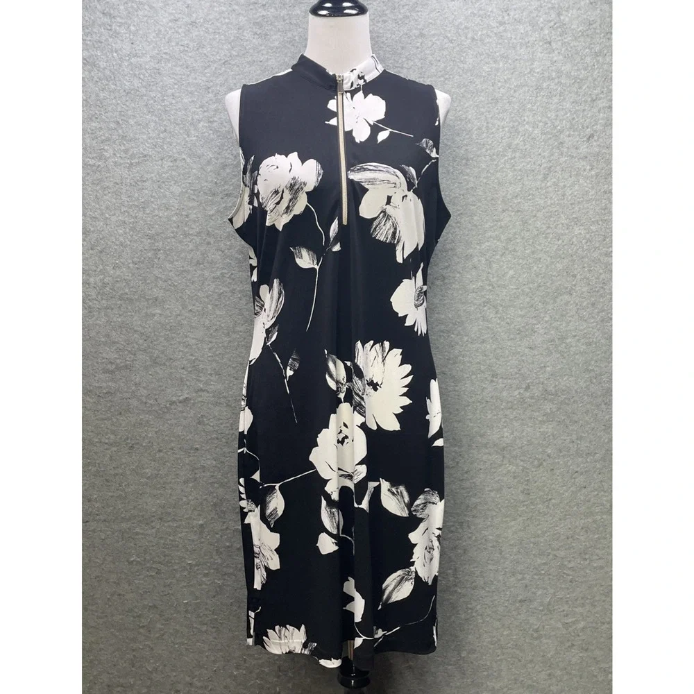 White House Black Market Floral Dress L Blk/Wht V Neck Stretch Midi Sleeveless